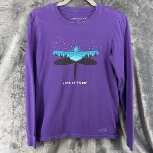 Life is Good Purple Crew Neck Dragonfly Night Sky Long Sleeve Crusher T—Shirt